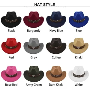 Western cowboy felt hats in 12 colors with vintage leather bands and bull head buckle