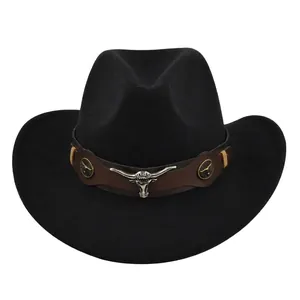 Vintage Western Cowboy Hat For Women Men Wide Brim Felt Jazz Fedora Hat With Bull Head Buckle Leather Band