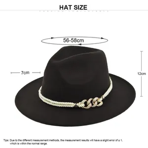 Size chart for black wool fedora hat showing 56-58cm circumference and 7cm wide brim detail