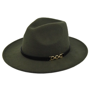 Classic dark olive green wool fedora hat with black band and gold chain link detail