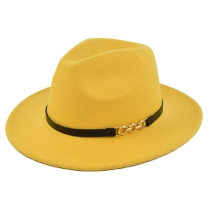 Bright yellow wool fedora hat with black leather band and gold metal chain detail