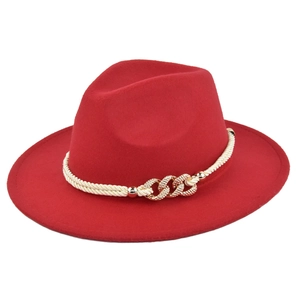 Detail of red wool fedora with twisted rope band and gold rhinestone chain buckle