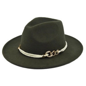 Detail of dark olive wool fedora with white braided rope and gold chain buckle ornament