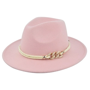 Pink fedora hat with a woven cord and sparkling gold rhinestone chain ornament