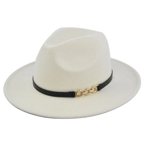 Close-up of beige wool fedora hat featuring a black leather band and gold chain buckle