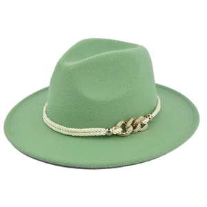 Detail view of light green wool felt fedora featuring woven band and gold chain accent