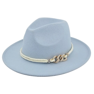 Detailed shot of light blue wool fedora with white woven rope and gold chain accents