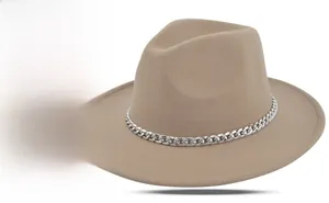 Detail of khaki wool fedora hat featuring a wide flat brim and a chunky silver chain band
