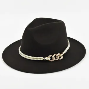 Vintage British Style Fedora Hat Wide Brim Wool Felt Jazz Hat With Braided Rope Metal Chain For Women Men Autumn Winter