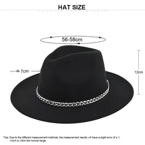 Detailed size chart for black wool fedora hat featuring head circumference and brim width