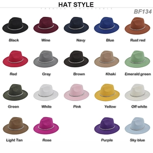 Detailed color chart for flat brim fedora hat with silver chain showing all 19 available shades