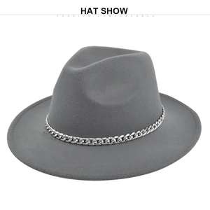 Detailed view of grey wool fedora hat featuring a stylish silver Cuban chain decoration