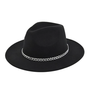 Close-up of black wool fedora featuring a silver cuban link chain around the crown