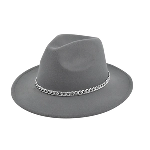 Detail of grey wool fedora hat featuring a decorative silver metallic chain on brim