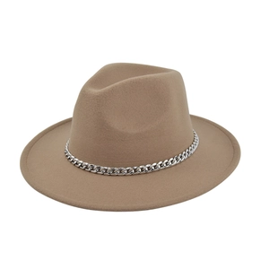 Detail view of khaki wool fedora hat featuring a stylish silver chain decoration