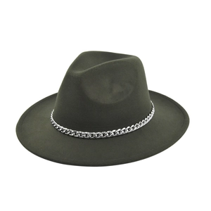 Detail of silver chain trim on dark olive green fedora wool felt jazz hat
