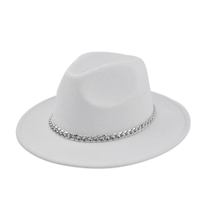 Detail of white wool fedora hat featuring a stylish silver metal Cuban link chain trim
