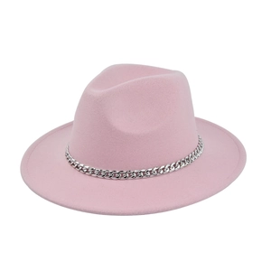 Pink wool fedora hat with a silver chain link band on a flat wide brim jazz hat