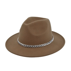 Close-up of camel wool fedora hat featuring a wide flat brim and thick silver metal chain