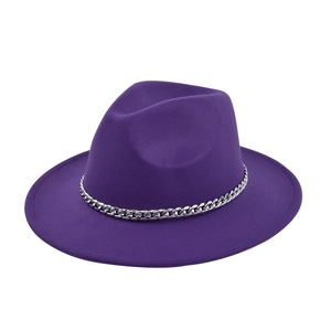 Detail view of purple wool fedora with a decorative silver chain and flat brim