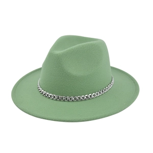 Sage green wool fedora hat with a silver chain decoration and classic wide flat brim