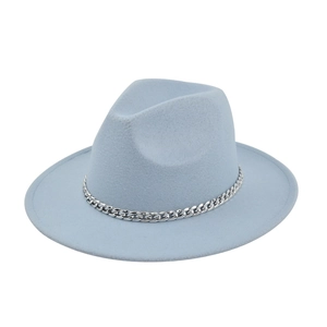 Detailed texture of light blue felt fedora hat featuring a chunky silver metal chain band
