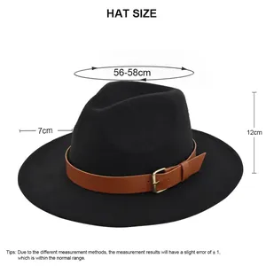 Classic wide brim felt fedora hat with leather belt size chart 56-58cm for women