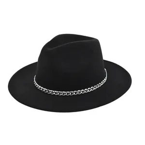 Fashion Woolen Fedora Hat With Silver Cuban Link Chain Flat Brim Jazz Hat For Men Women Party Winter Autumn Warm Cap