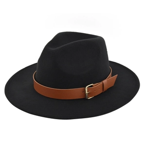 Detail of wool felt fedora featuring a brown leather belt with a gold metal buckle