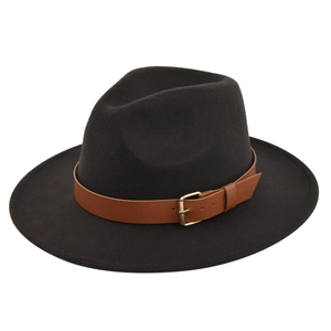 Close-up of black felt fedora featuring a brown leather belt and gold metal buckle detail