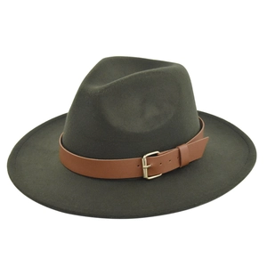 Close-up of dark green wool fedora hat featuring a brown leather band and gold metal buckle