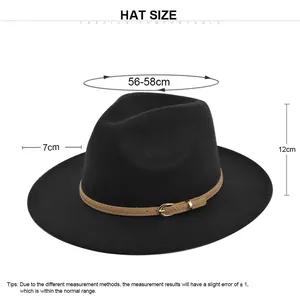 Guide des tailles pour chapeau en laine noir avec ruban en cuir, tour de tête 56-58 cm