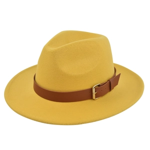 Detail view of mustard yellow wool fedora hat with brown leather belt and gold buckle
