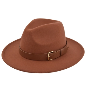 Classic caramel wool fedora hat with wide brim and leather belt with gold buckle