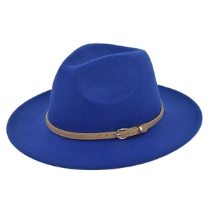 Chapeau fedora classique en laine bleu roi avec ruban en cuir beige et boucle en métal