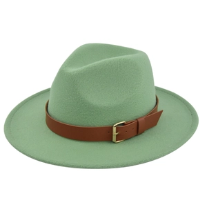 Light green wool fedora hat with wide brim and brown leather belt buckle accessory