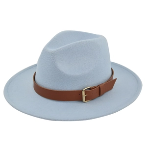 Detail of light blue wool fedora hat featuring a brown leather band and gold buckle