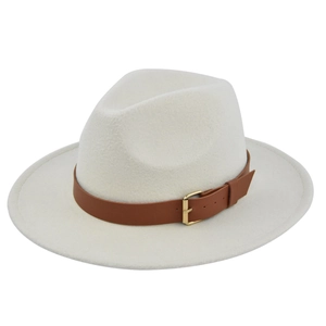 Detailed view of white wool fedora hat with a brown faux leather belt and gold metal buckle