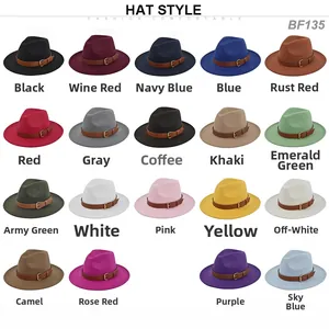 Wide brim wool felt fedora hats collection with leather belt buckle in 19 colors