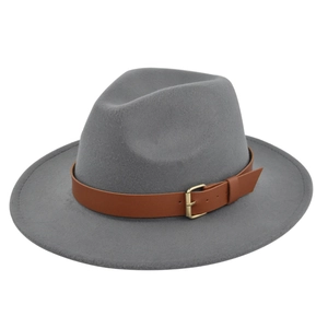 Classic grey wool fedora hat with a brown leather belt and golden metal buckle