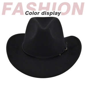 Close-up of black felt fedora hat featuring a leather belt strap and metal buckle detail