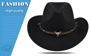 Detailed close-up of a black felt cowboy hat featuring a silver bull skull on a leather band