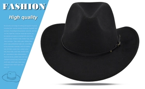 Detail of black wool felt fedora featuring a slim leather belt and golden metal buckle