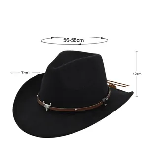 Western black felt cowboy hat with bull head ornament and size specification chart