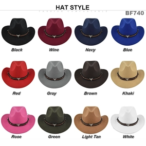 Grid view of vintage felt cowboy hats with bull head buckle in 12 assorted colors
