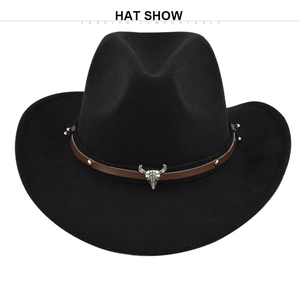 Detailed view of black wool felt cowboy hat with leather band and silver bull skull buckle