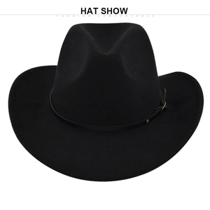 Detailed close-up of a black wool felt cowboy hat with a thin leather belt and metal buckle