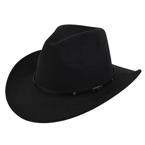 Detail of black felt fedora hat featuring a thin leather band with gold metal studs