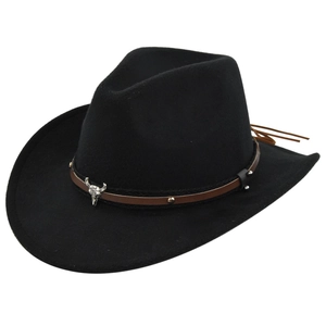 Detail of black wool cowboy hat with brown leather band and silver bull skull ornament