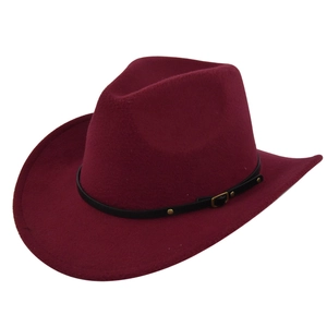Detail view of a wine red felt cowboy hat featuring a black leather belt band.